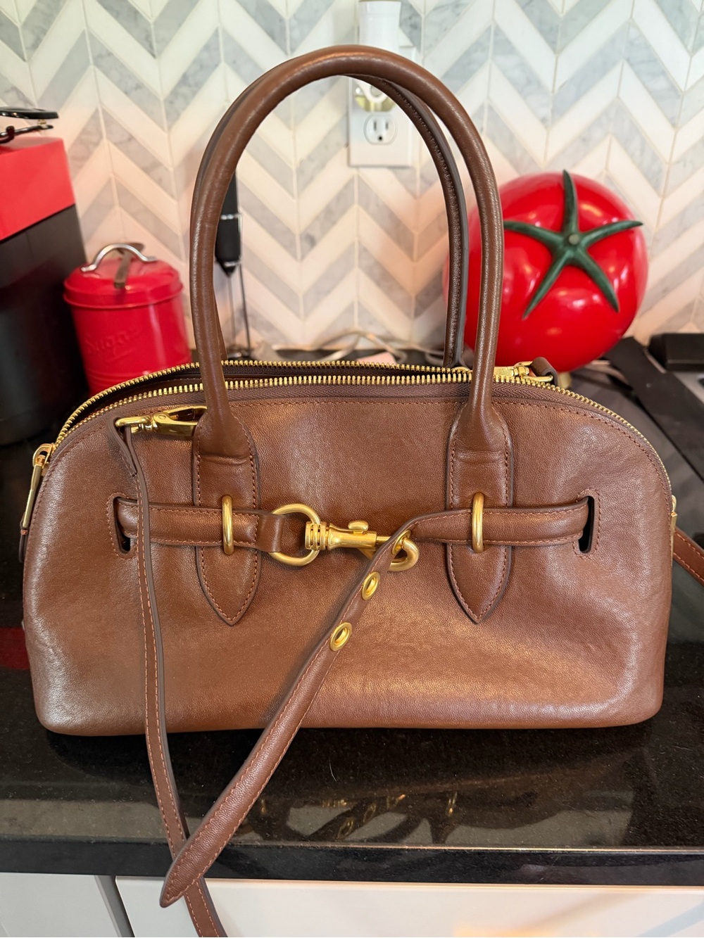 Brown Leather Handbag with Gold Hardware - crossbody strap included. Never used.